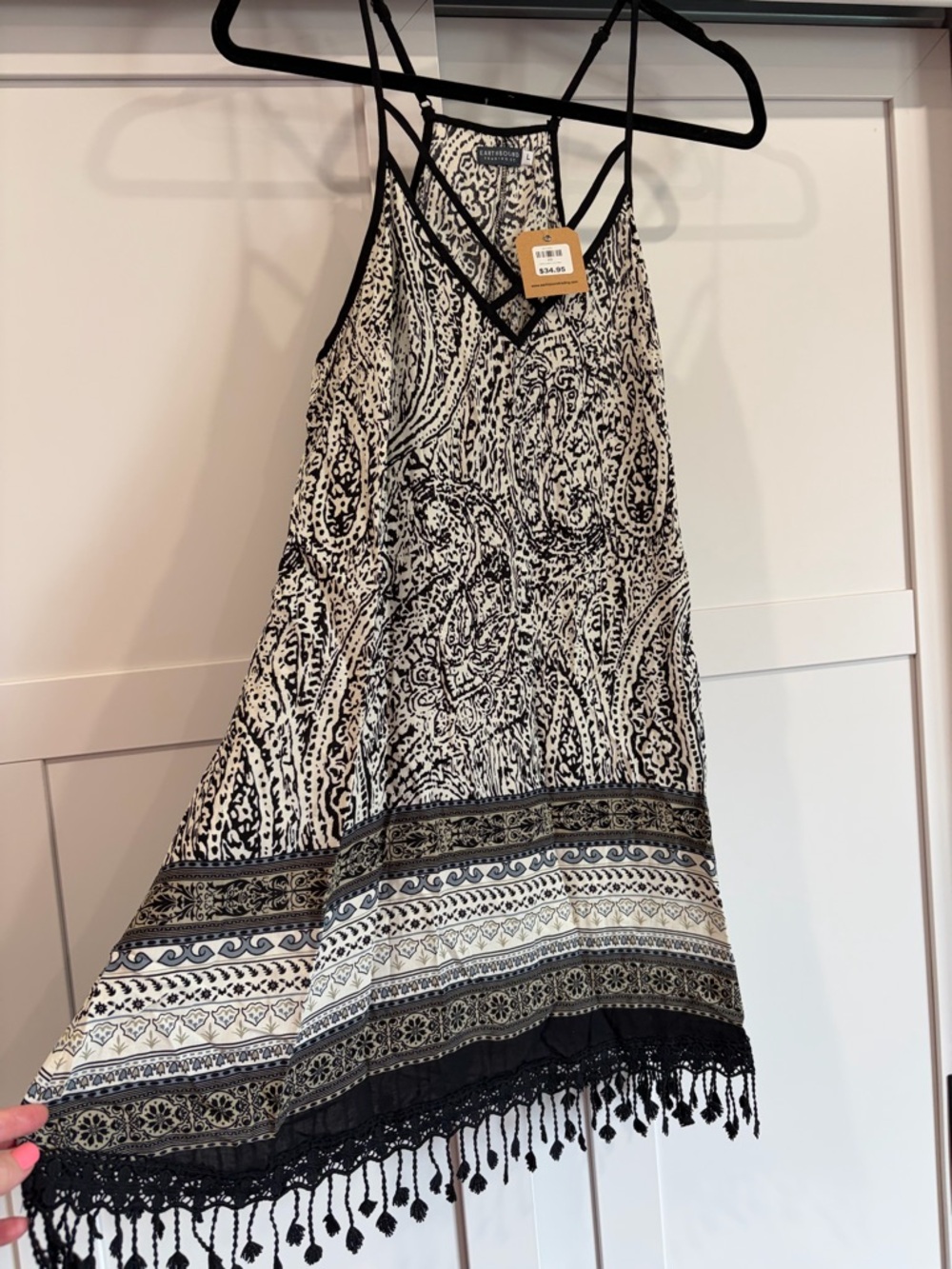 EARTHBOUND Black and White Paisley Mini Dress or top with Tassel Hem